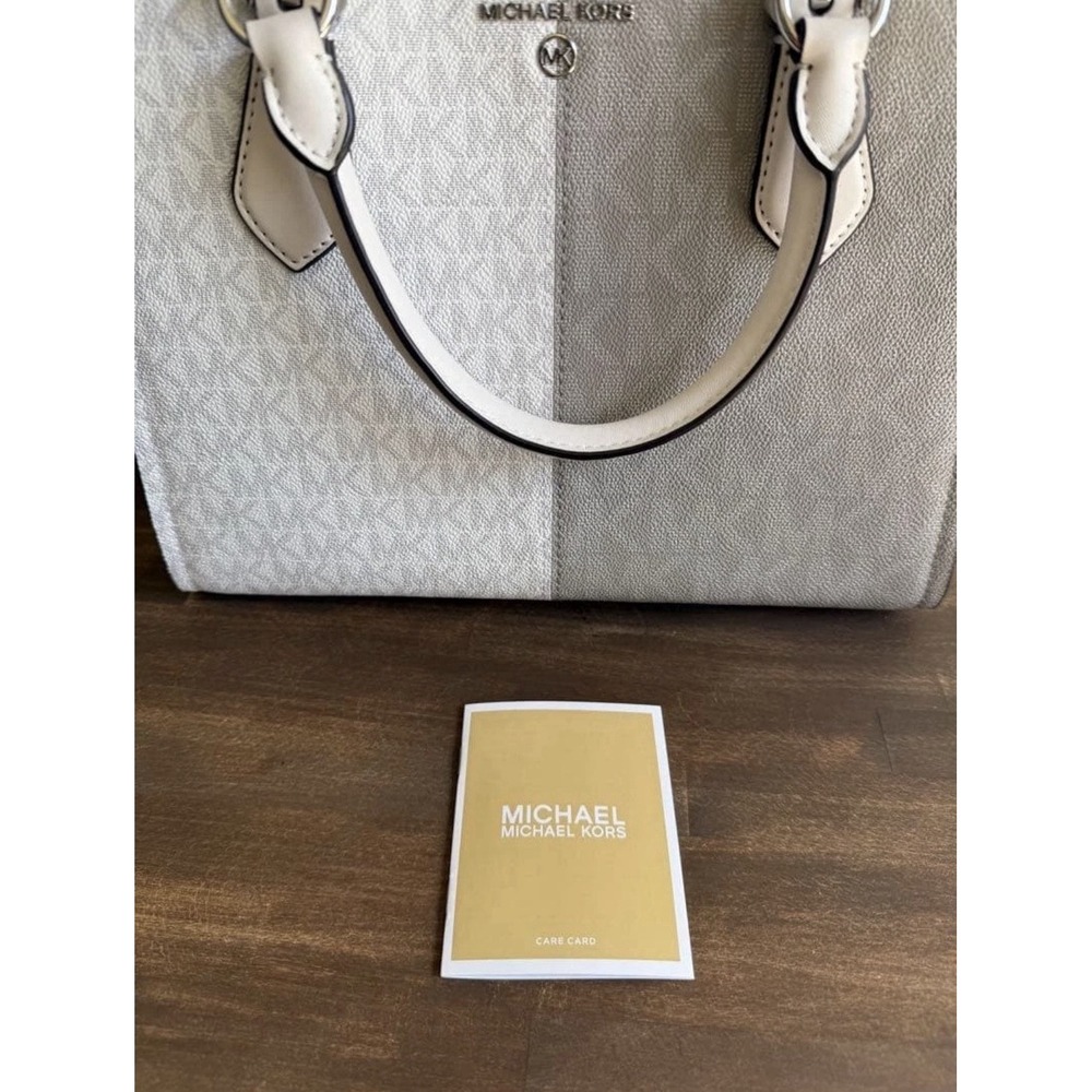Michael Kors Two Tone Grey White MK Monogram Logo Satchel Bag Silver Hardware